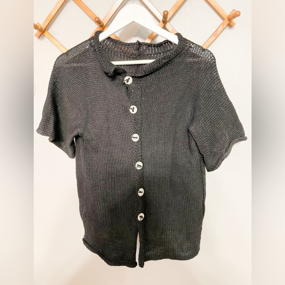 Skif black knitted button up collard cotton blouse Skifo